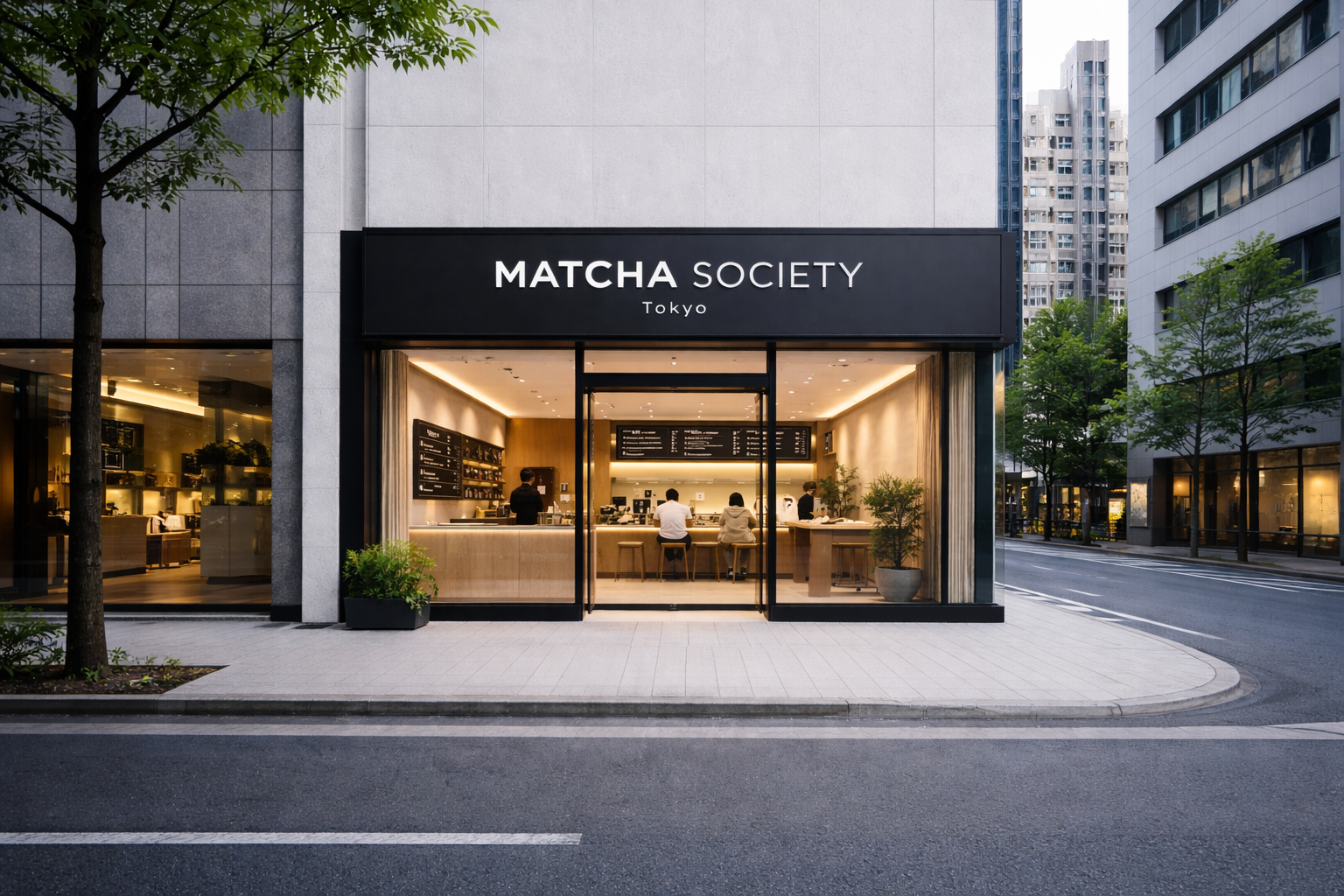 Außenansicht eines modernen „Matcha Society“ Stores in Tokio mit großflächiger Glasfront und einsehbarem minimalistischen Innenraum.