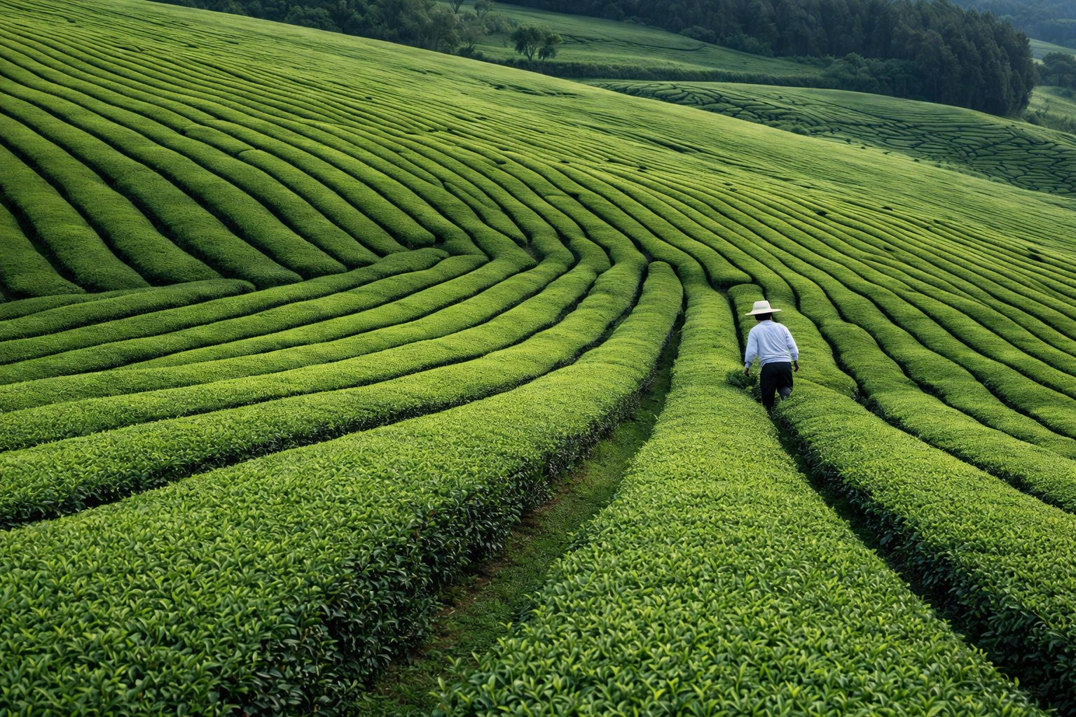 Farmer in matcha field 