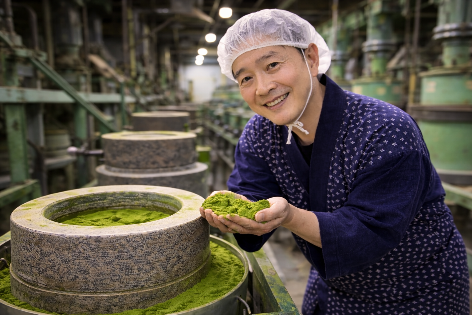 Matcha Meister bei der Herstellung von Ceremonial Matcha Seishō in einer traditionellen Steinmühle in Japan.