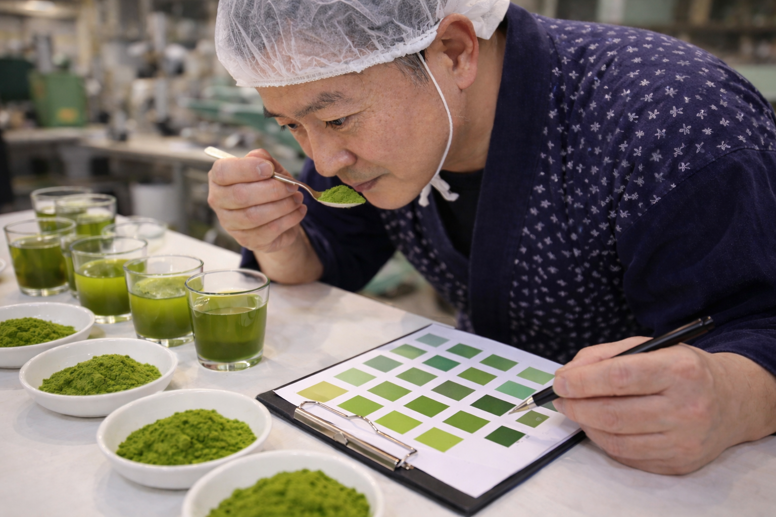 Matcha Experte prüft Qualität und Farbe von grünem Matcha Pulver bei einer professionellen Verkostung.