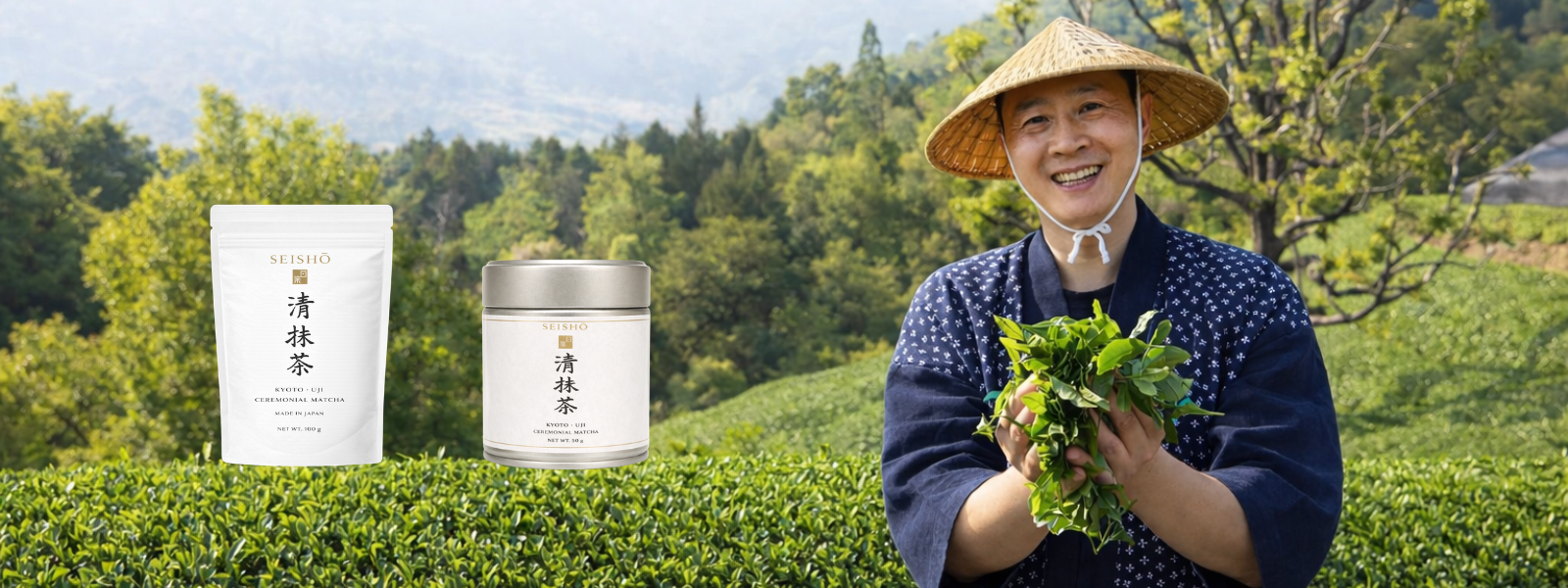 Banner mit Matcha-Bauern auf einer Plantage, der frische Teeblätter hält, neben Seisho Ceremonial Matcha Beutel und Dose.