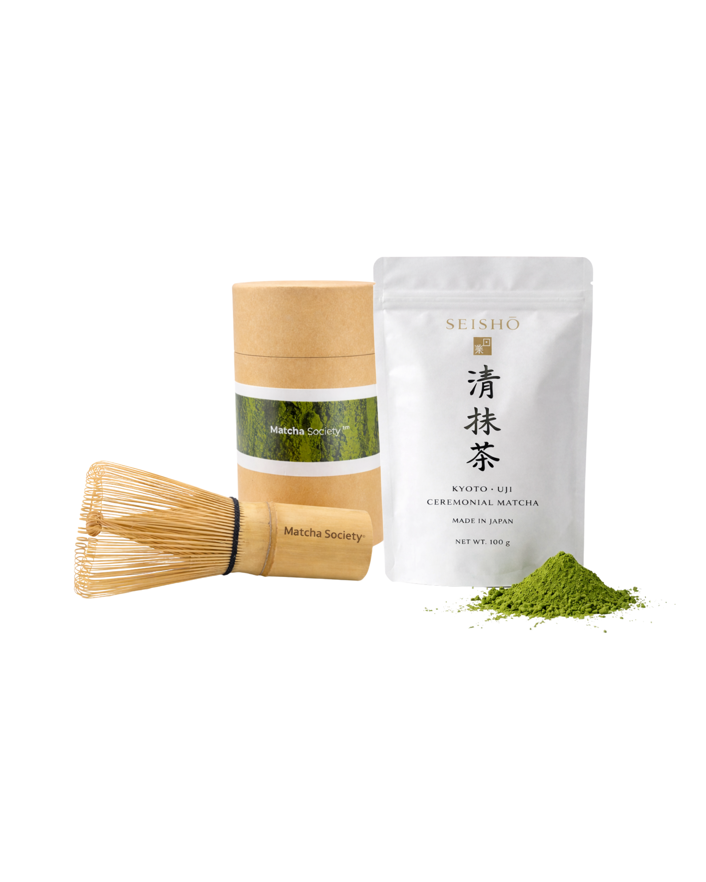 Matcha Society Seishō Set mit grüner zeremonieller Matcha Schale, Chasen Bambusbesen, Chasenhalter und Premium Ceremonial Matcha aus Kyoto, Uji.
