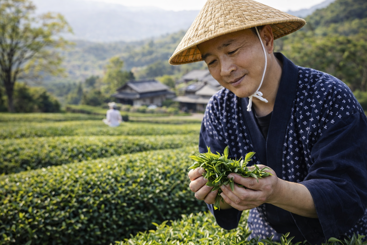 Japanischer Teebauer prüft frische Matcha Teeblätter auf einer traditionellen Plantage in Kyoto.