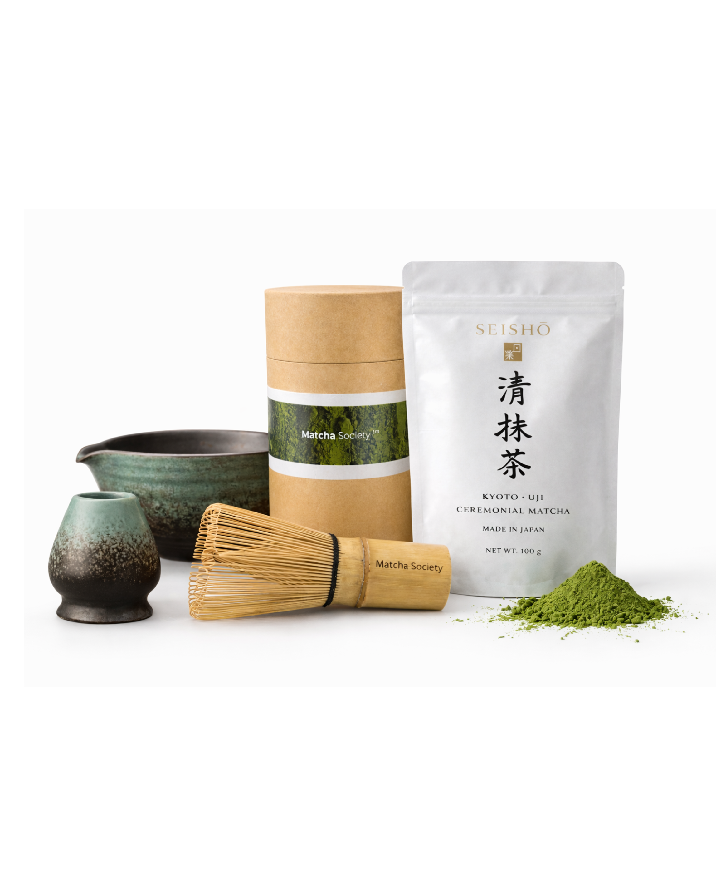 Matcha Society Seishō Set mit grüner zeremonieller Matcha Schale, Chasen Bambusbesen, Chasenhalter und Premium Ceremonial Matcha aus Kyoto, Uji.