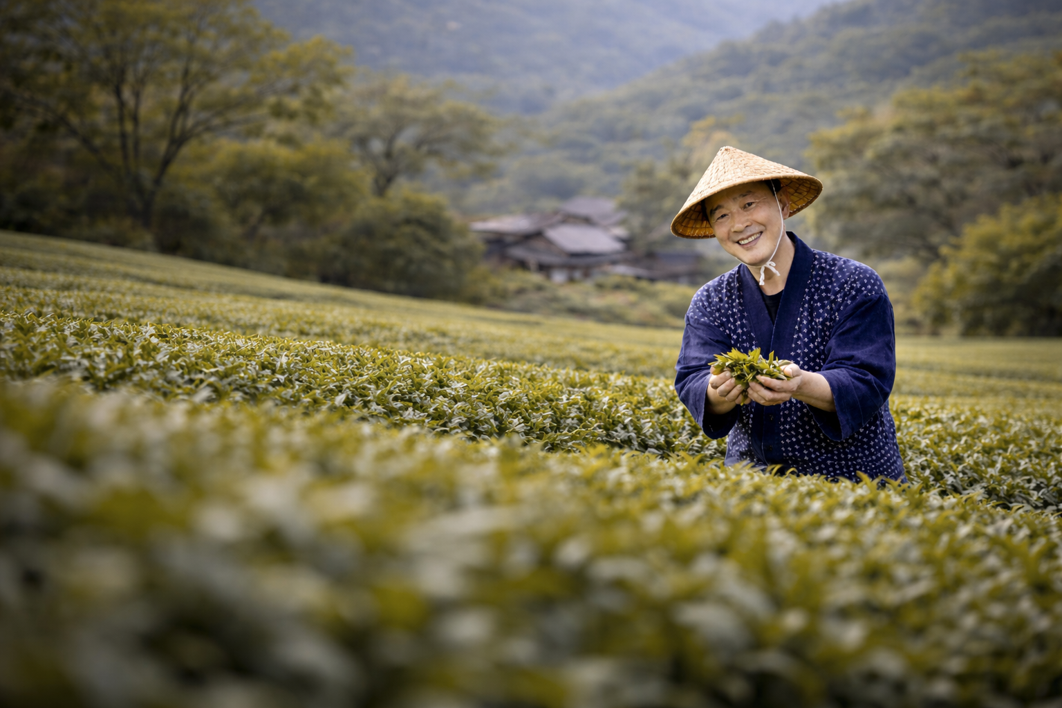 Bio Matcha Teebauer bei der Ernte in einem traditionellen Teegarten, hält frische grüne Teeblätter in den Händen.